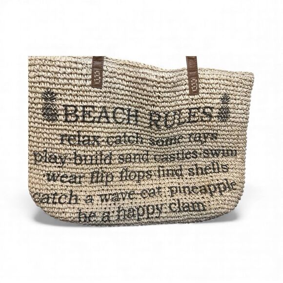 Straw Beach Shoulder Bag Purse Tote "Beach Rules" CUTE 20x14 - Picture 3 of 5